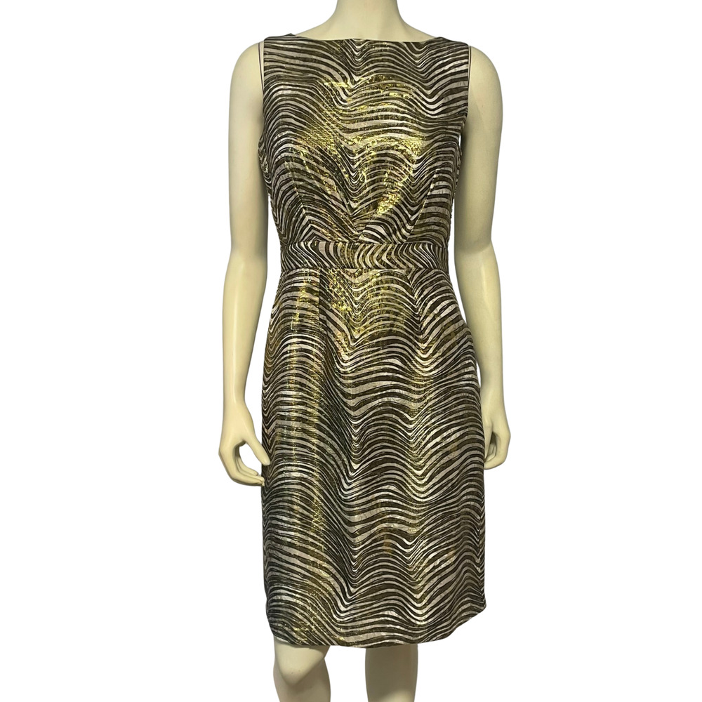 Tory Burch Sz 6 Elsbeth Zebra Stripe Sheath Dress Metallic Gold Silk Brocade